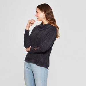 Knox Rose Crochet Turtleneck Sweater Navy Medium